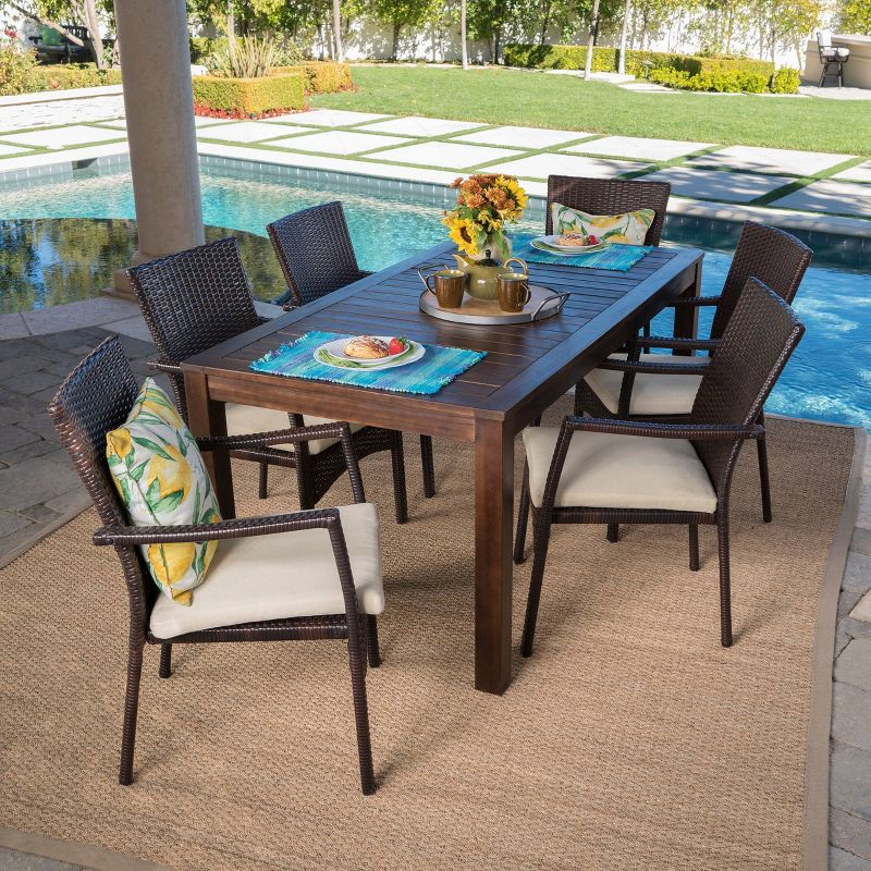 Geelong 7pc Acacia Wood & Wicker Patio Dining Set - Brown - Christopher Knight Home: Weather-Resistant, All-Weather Wicker Chairs, Rectangular Table, 1 of 9