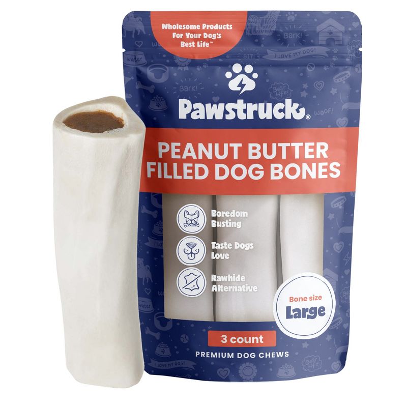 Pawstruck Large 5-6" Filled Dog Bones - Peanut Butter, Cheese & Bacon, or Beef Flavor - Made in USA Long Lasting Stuffed Femur Treat for Aggressive Chewers, 1 of 9