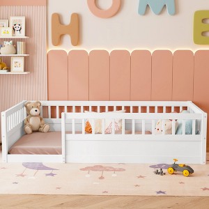 CAVINAS Twin/Full Size Modern Bed Frame with Heigh Guardrails,Pine Wood Floor Bed for Kids Room,Playroom - 1 of 4
