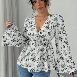 Coolmee Women's Floral Print Blouse Long Sleeve Babydoll Shirt Deep V Neck Peplum Top - 1 of 4