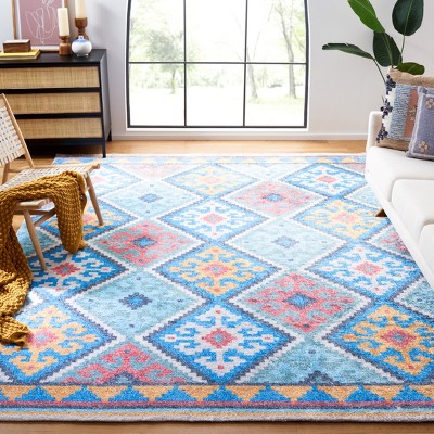 Saffron Blue and Aqua Square Flat Woven Area Rug