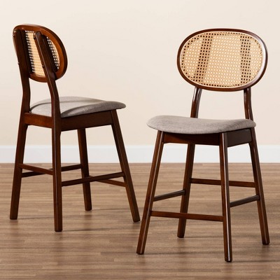 Grey Fabric and Walnut Brown Wood 2-Piece Counter Stool Set