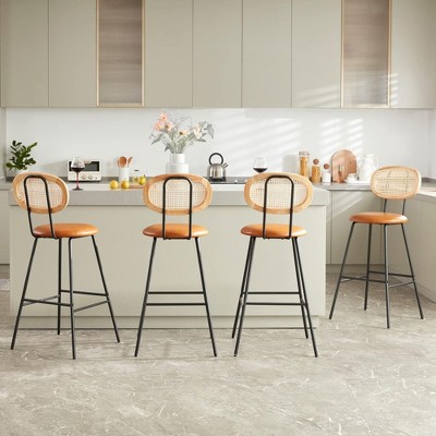 SEVOBAL Counter Stools Set of 4 Bar Stools Indoor Height Barstools for Home Faux Leather Counter Stool with Rattan Backrest, Beige, 19.9"*19.9"*42.5"