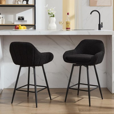 Modern Upholstered Swivel Bar Stools Set of 2, Counter Height Bar Chairs with Back, Black
