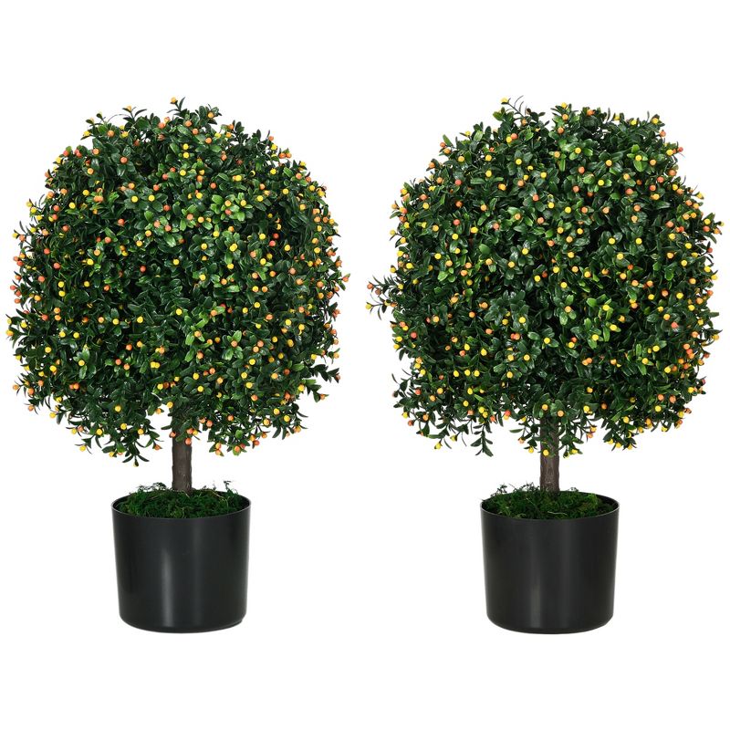 HOMCOM Set of 2 20.75" Artificial Boxwood Topiary Trees with Fruit, Potted Indoor Outdoor Fake Plants for Home Office Living Room Decor, Orange, 4 of 7