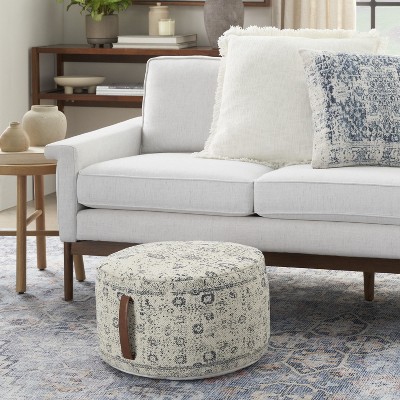 Ivory and Navy Floral Cotton Round Pouf with Faux Leather Handle