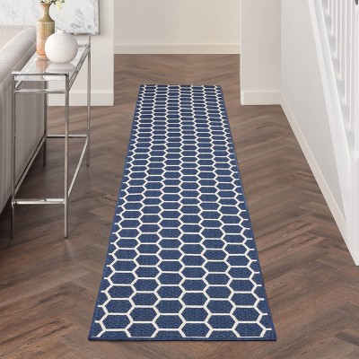 Navy Blue Geometric Flatweave Reversible Runner Rug 2'2" x 12'