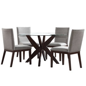 5pc Amalie Dining Set: Round Tempered Glass Top, Pedestal Base, Linen Upholstered Chairs - Steve Silver Co. - 1 of 4