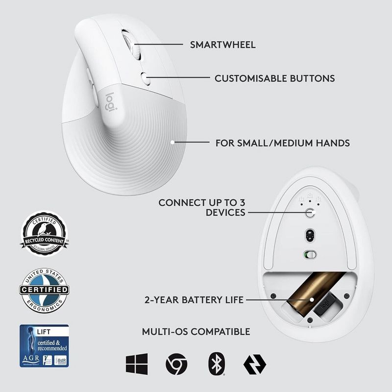 Logitech Lift for Business, Vertical Ergonomic Mouse, Wireless, Bluetooth or Secured Logi Bolt USB, Quiet clicks, 5 of 9