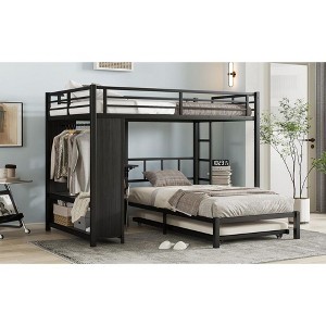 NicBex Twin/Full/Queen Over Twin Bunk Bed with Trundle,Built-in Closet&Shelves,Multifunctional Metal Bunkbeds for Teens&Adults,Noise-Reduced,Black - 1 of 4