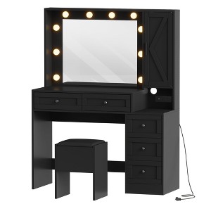Makeup Vanity Desk and Stool, Vanity Desk with Lights, Vanity Table Set with Charging Station, Drawers and Hidden Storage Shelves - 1 of 4