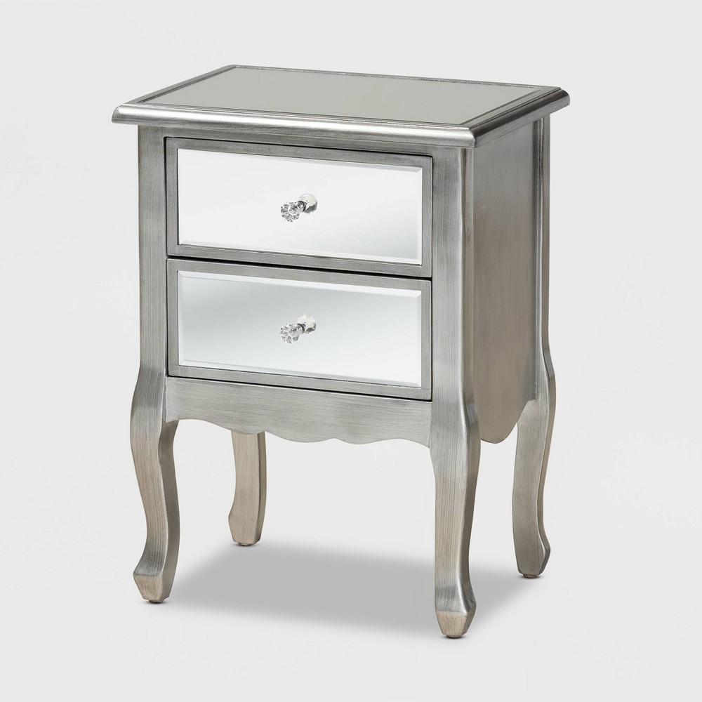 Photos - Storage Сabinet Baxton Studio Leonie Wood and Mirrored Glass 2 Drawer Nightstand Silver: Mid-Century Modern, Fir Wood Frame, No Assembly Req