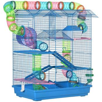 PAWHUT Grande cage à hamsters 4 niveaux - tunnels, abreuvoir, mangeoire,  roue, maisonnette, échelles - dim. 79L x 46l x 60H cm - métal PP bleu blanc  pas cher 