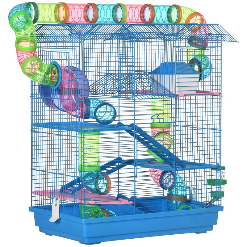 PawHut 5 Tiers Hamster Cage Small Animal Rat House Mice Mouse Habitat with Exercise Wheels, Tube, Water Bottles, and Ladder, Blue, 1 of 8