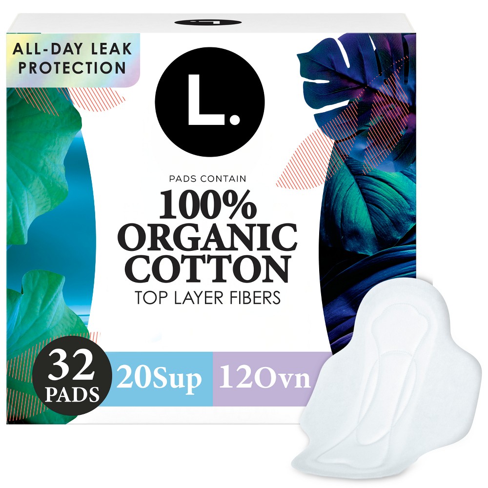 L. Organic Cotton Top Layer Ultra Thin Pads - Super/Extra Long Overnight Absorbency - 32ct
