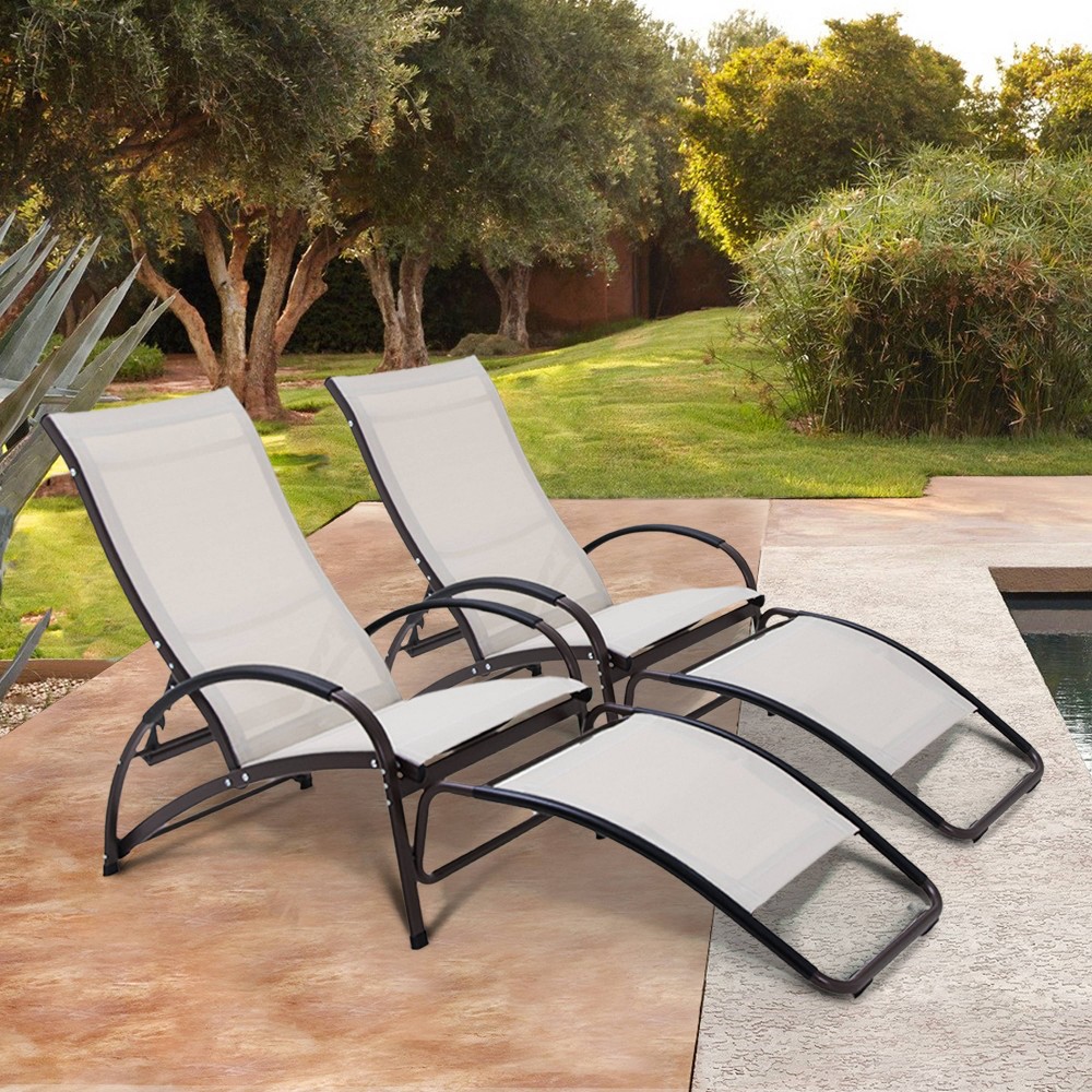 2pk Outdoor Aluminum Adjustable Reclining Chaise Lounge Rocking Chairs Tan Crestlive Products