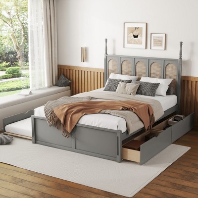 Queen Size Wood Platform Bed Frame With Rattan Headboard, Drawers, And ...