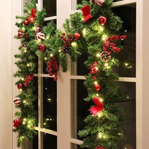 9 FT LED Christmas Garland with Pinecones Red Berries Bows Christmas Balls Candies, with 50 LED Lights - 1 of 4