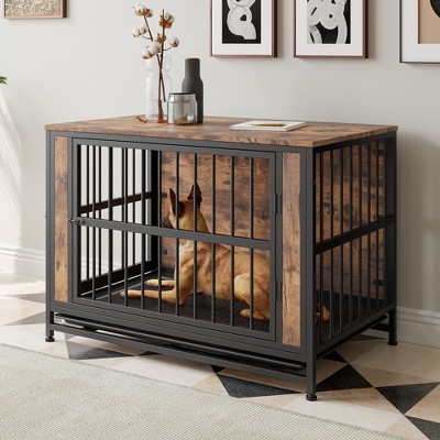 Munora 38.9" Dog Crate Furniture, Rustic Brown Kennel with 2 Sliding Doors for Large/Medium/Small Dogs