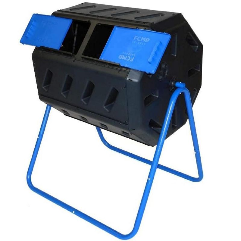 FCMP Outdoor 37 Gallon 8 Sided Plastic Dual Chamber Double Door Tumbling Composter Outdoor Elevated Rotating Garden Compost Bin, Blue/Black, 1 of 7