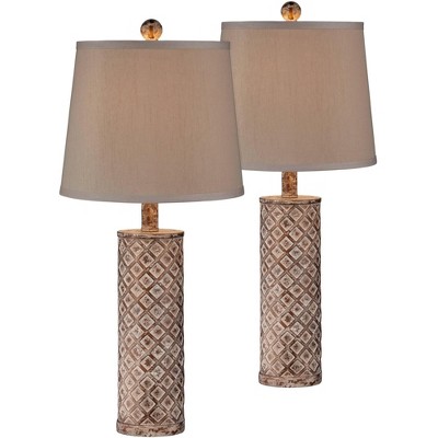 360 Lighting Cottage Table Lamps Set of 2 Gold Wash Lattice Column Tapered Drum Shade for Living Room Family Bedroom Nightstand