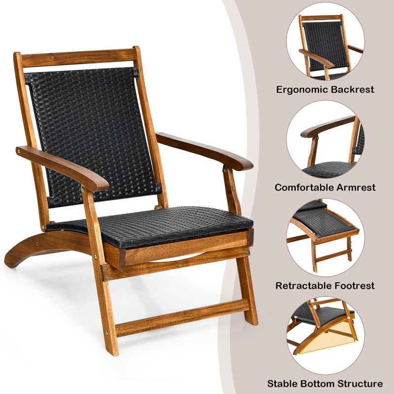 Costway  Patio Folding Rattan Lounge Chair Wooden Frame W/ Retractable Footrest, 4 of 9