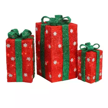 Northlight Set Of 3 Silver Tinsel Lighted Gift Boxes With Red Bows ...