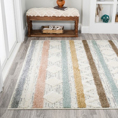 Gray and Multicolor Striped Synthetic 4' x 6' Area Rug