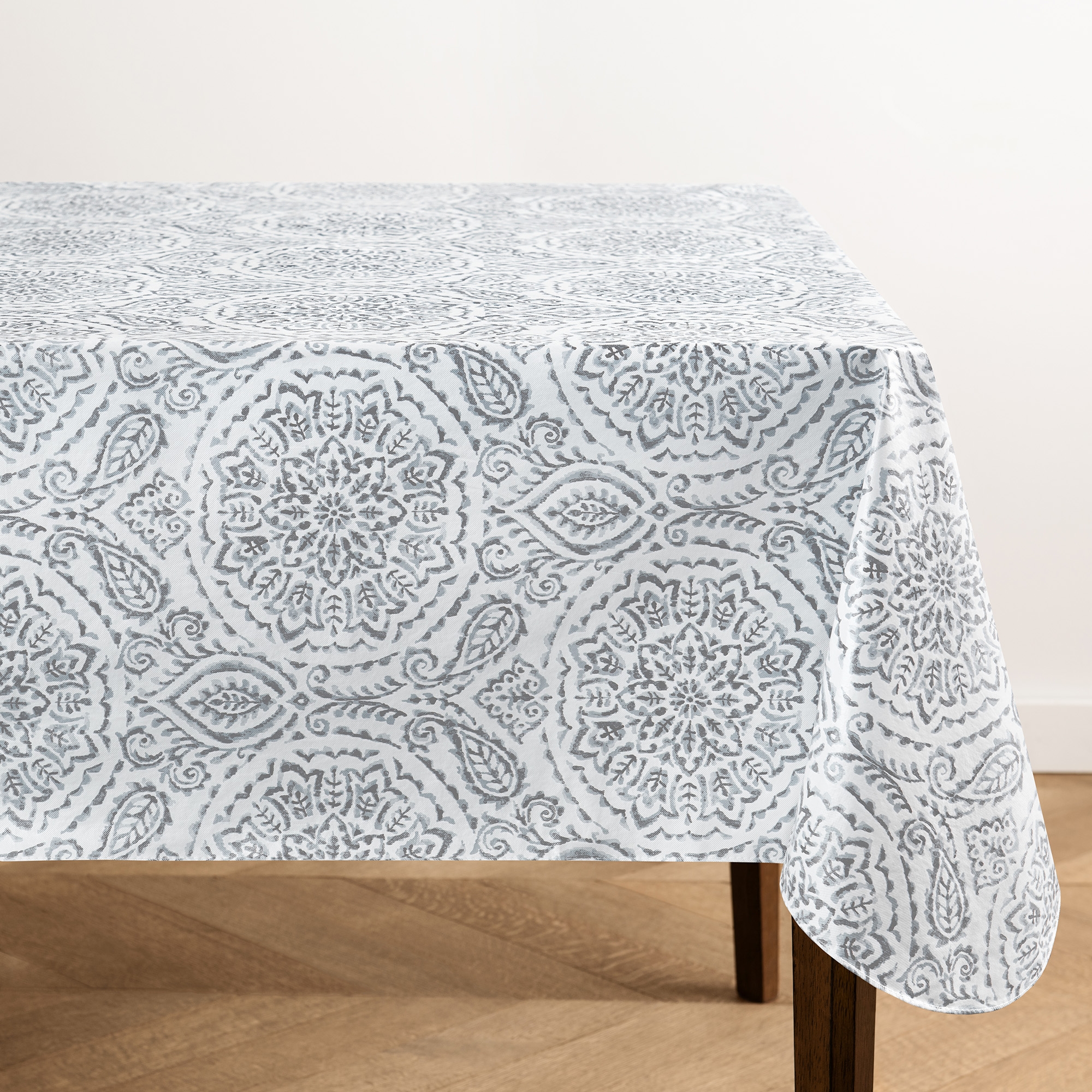 Savannah Boho Paisley Printed Vinyl Indoor/Outdoor Tablecloth - Gray - 120x60 - Elrene Home Fashions