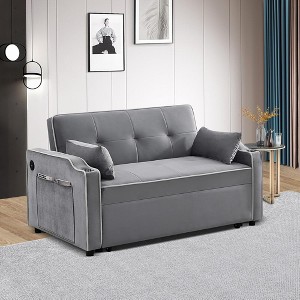 3-in-1 Multi-Functional Velvet Sleeper Sofa Couch with Pullout Bed, Loveseat Sofa Sleeper with USB Port,Adjustable Backrest - 1 of 4