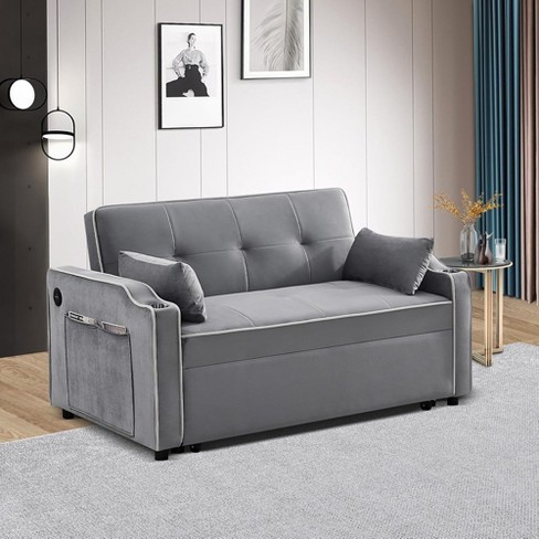 3 in 1 Multi functional Velvet Sleeper Sofa Couch With Pullout Bed Loveseat Sofa Sleeper With Usb Port adjustable Backrest Grey Target