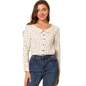 INSPIRE CHIC Women's Boat Neck Long Sleeve Heart Print Button Down Shirt - 1 of 4