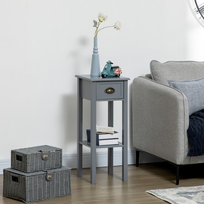 Gray Wooden Narrow End Table with Drawer and Shelf