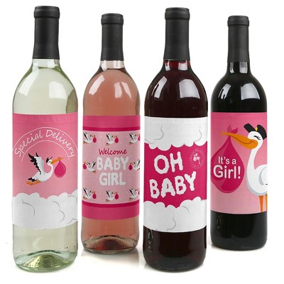 Big Dot of Happiness Girl Special Delivery - Pink It's A Girl Stork Baby Shower Decorations for Women and Men - Wine Bottle Label Stickers - Set of 4