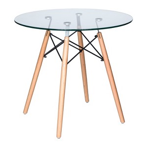 LeisureMod Dover Round Bistro 31" Dining Table – Glass/Wood Tabletop with Natural Wood Eiffel Base, Modern Kitchen, Dining Room, Cafe Table - 1 of 4