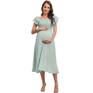Womens Maternity Flutter Short Sleeve Square Neck Summer Casual Dress Smocked Boho Maxi Dress Photoshoot Baby Shower - 1 of 4