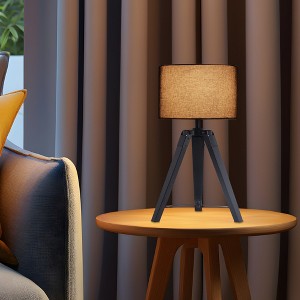 18" Industrial Tripod Table Lamp with Natural Wood Base, Metal Accents & Linen Shade for Bedroom, Living Room or Office,Black - 1 of 4