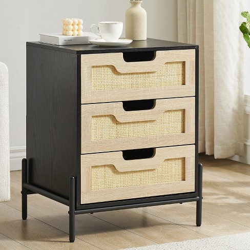 Rattan Nightstand with 3 Storage Drawers, Boho Bedside Table Wood End Table with Storage for Small Space, Living Room, Bedroom - image 1 of 4