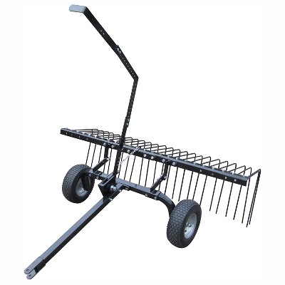 Yard Tuff 72 Inch Heavy Duty Durable Steel Pine Straw Rake with Wheels, Lift Handle, 28 Spring Steel Tines, and Hitch for ATV, UTV, or Tractor, Black