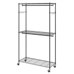 VEVOR Heavy Duty Clothes Rack, Rolling Clothing Garment Rack with 3 Storage Tiers, 2 Rods and 2 Pairs Side Hooks, 400 Lbs Load Capacity - 1 of 4