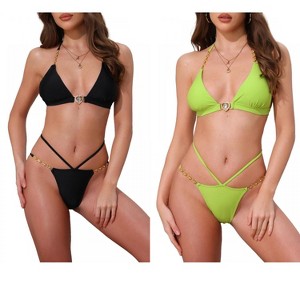 INSPIRE CHIC Women's Heart Rhinestones Chain-Linked Halter Top Triangle Bottoms Swimwear Bathing Bikini Suits 2 Sets - 1 of 4