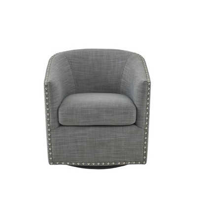 Elegant Gray Barrel Swivel Lounge Chair with Silver Nailheads
