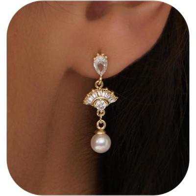 Pearl Earrings: 14k Gold-plated Cubic Zirconia Accented Pearl Drop Dangle Wedding Engagement Earrings For Women Bridal Bridesmaid