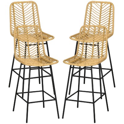 Yellow wicker bar and stool set of 4, rattan bar stools with steel legs and footstool