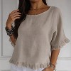 Women's Summer Ruffle Hem Short Sleeve Shirt Casual Loose Fit Round Neck Blouse - 3 of 4
