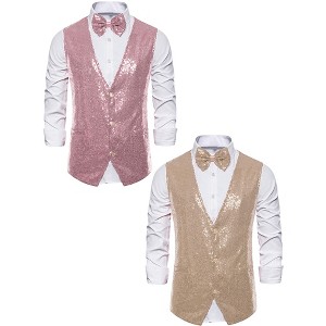 Lars Amadeus Men's Shiny Sequins Disco Party Prom Formal Vest with Bow Tie 2 Packs - 1 of 4