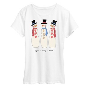 Women's - Instant Message - Joyful Merry Blessed Christmas Snowmen Short Sleeve Graphic T-Shirt - 1 of 4