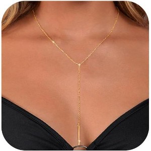Lariat Gold Necklace for Women: Dainty 14K Gold Plated/Silver Y-Shaped Beaded Drop Chain, Trendy Gift - 1 of 4