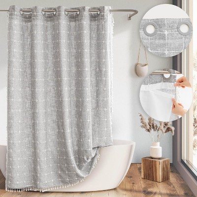 River Dream Farmhouse Linen Textured Shower Curtain with Snap-in Liner Set, No Hooks Needed, with Tassels for Rustic Bathroom Decor