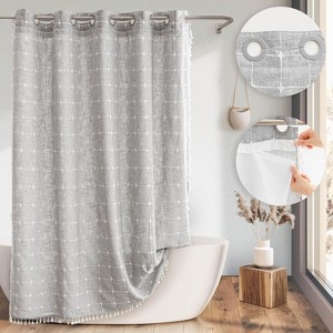 River Dream Farmhouse Linen Textured Shower Curtain with Snap-in Liner Set, No Hooks Needed, with Tassels for Rustic Bathroom Decor - 1 of 4